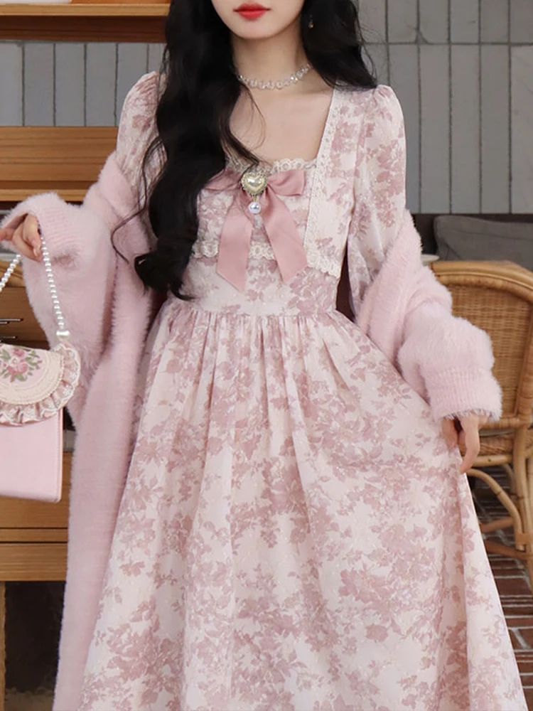 Sweet Pink Princess Dress Women Vintage Floral Print Puff Sleeve Dress Female French Style Elegant Kawaii Lace Bow Long Dresses