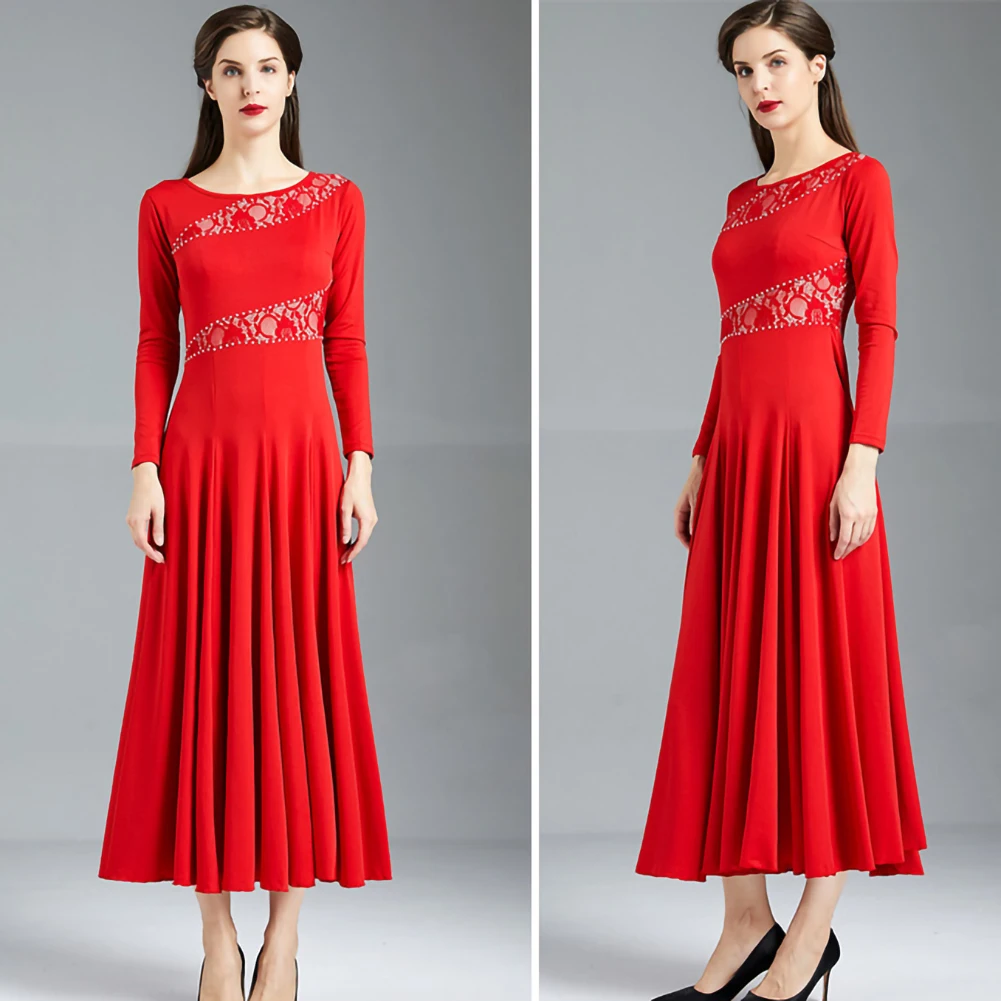 Abito da competizione di ballo da sala a maniche lunghe da flamenco, gonna galleggiante in costume da competizione di valzer con cuciture in pizzo