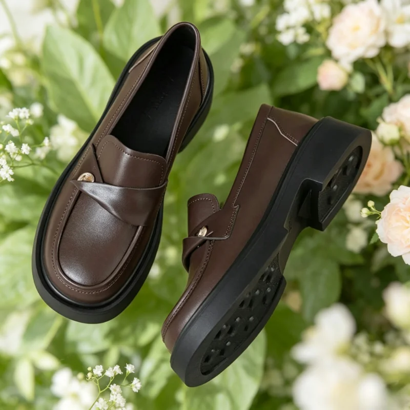 Mocassins à bout rond de style rétro britannique pour femmes, à semelle épaisse, avec boucle métallique, plateforme rehaussant la taille, chaussures en cuir polyvalentes pour le quotidien.