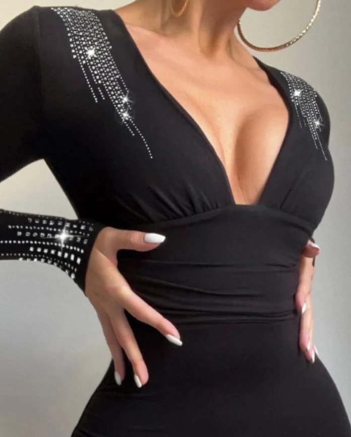 Women's Casual Rhinestone High Waist Long Sleeve Jumpsuit Female Party Jumpsuits Women Fashion Sexy Plunge V Neck Skinny Rompers