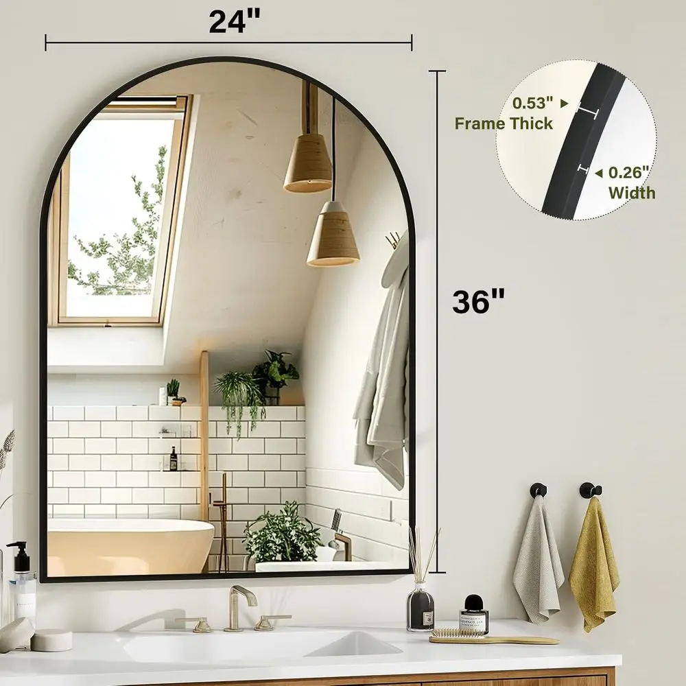 24x36 Arch-Shaped Wall Vanity Mirror with Black Metal Frame for Bathroom, Bedroom, and Living Room