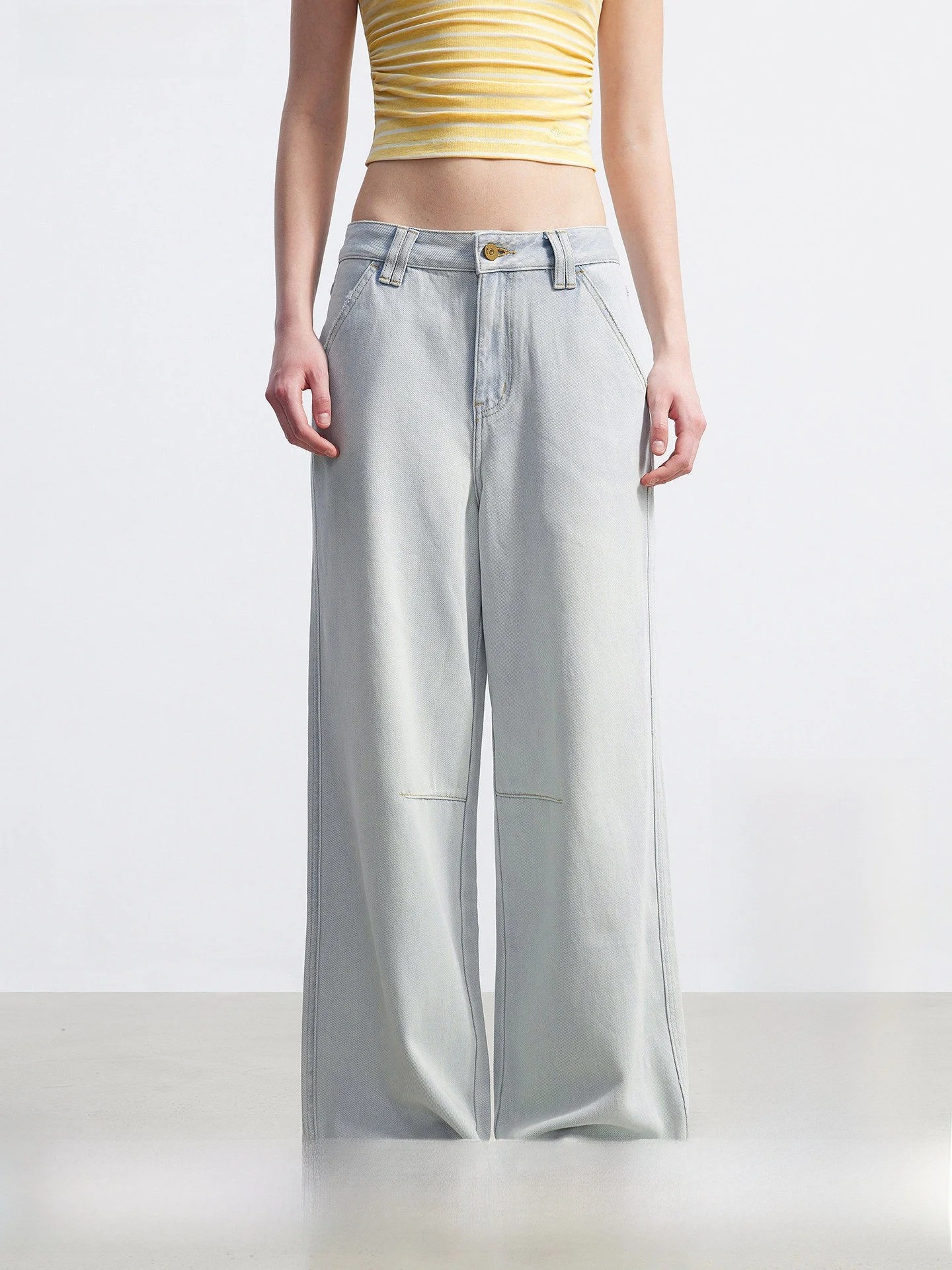 

AFTADAWN Classic Light Blue Vintage Washed Soft Denim Pants Straight Leg Wide Leg Jeans Slimming Effect Natural Waist Cotton