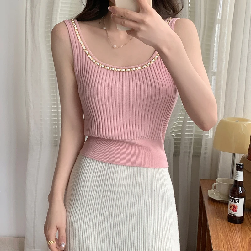 Stylish Sexy Chain Slim Knit Vest Crop Tops Women 2024 Summer Sleeveless Elegant Streetwear Chic Ladies Knitwear Jumpers