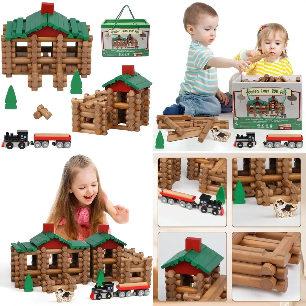 Ensemble de construction de bûches en bois rétro, 208 pièces, à partir de 3 ans – Cadeau d'ingénierie classique pour garçons