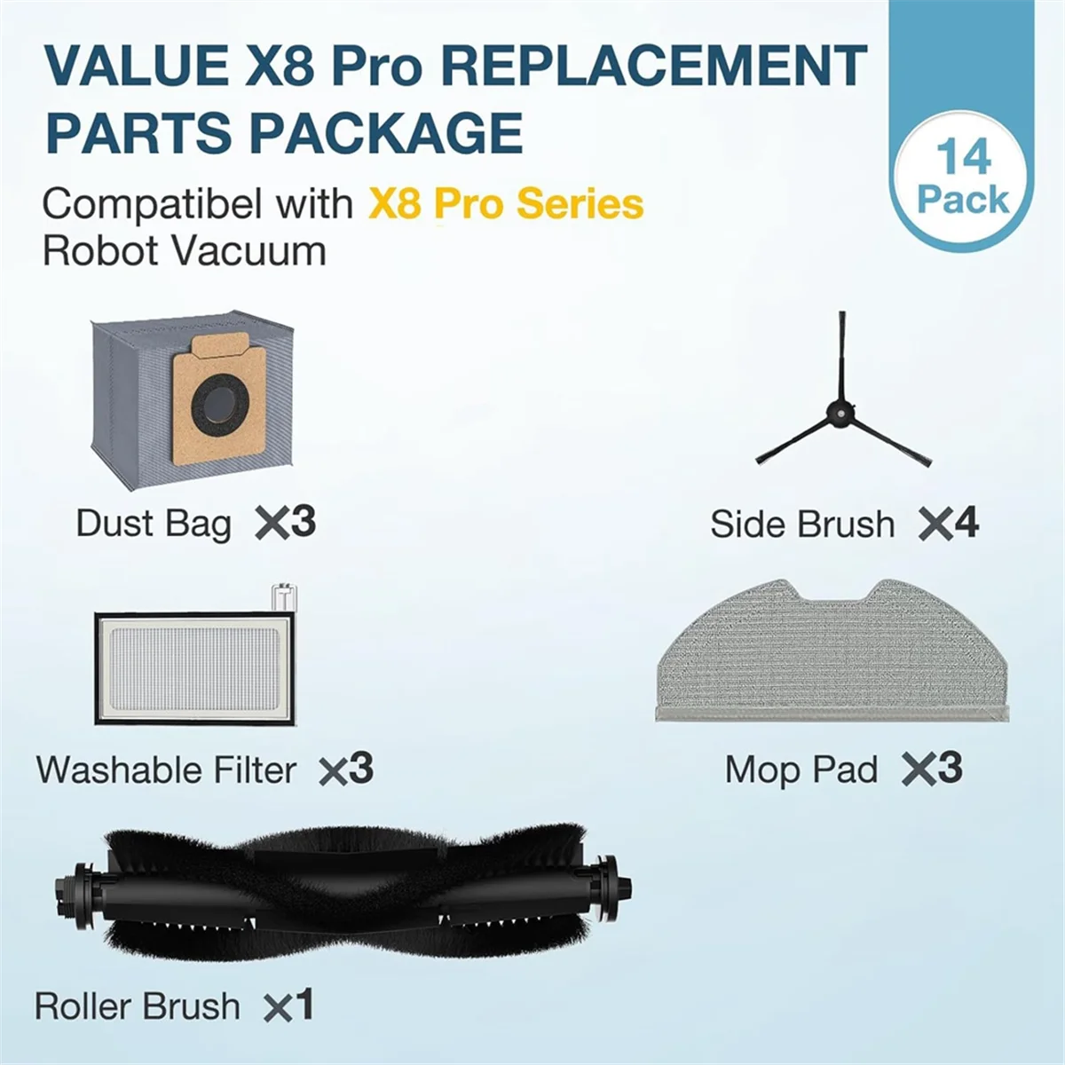 أجزاء المكنسة الكهربائية للمكنسة الكهربائية الروبوتية X8 Pro، ملحقات X8 Pro فرشاة جانبية رئيسية فلتر Hepa ممسحة أكياس غبار من القماش