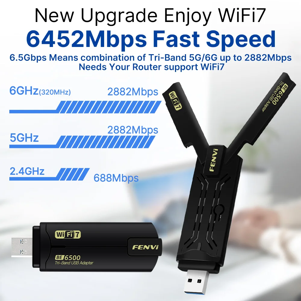 FENVI WiFi 7 USB 3.0 6500Mbps Adapter Wireless Network Card Tri Band 2.4G&5G&6G For PC/Laptop Windows 10/11 Driver Free