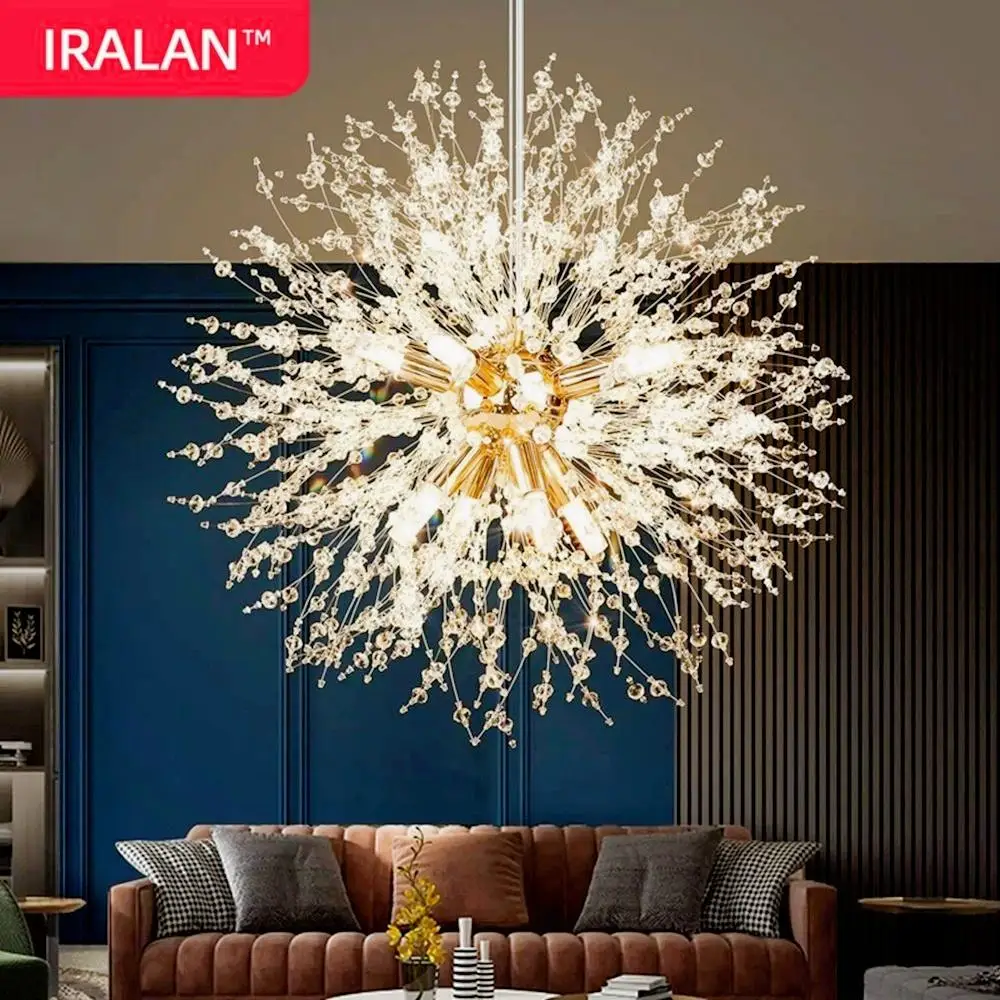IRALAN Lampadari moderni in cristallo con fuochi d'artificio 3 colori variabili 8 lampadine Lampadario a soffitto semi-incasso con tarassaco