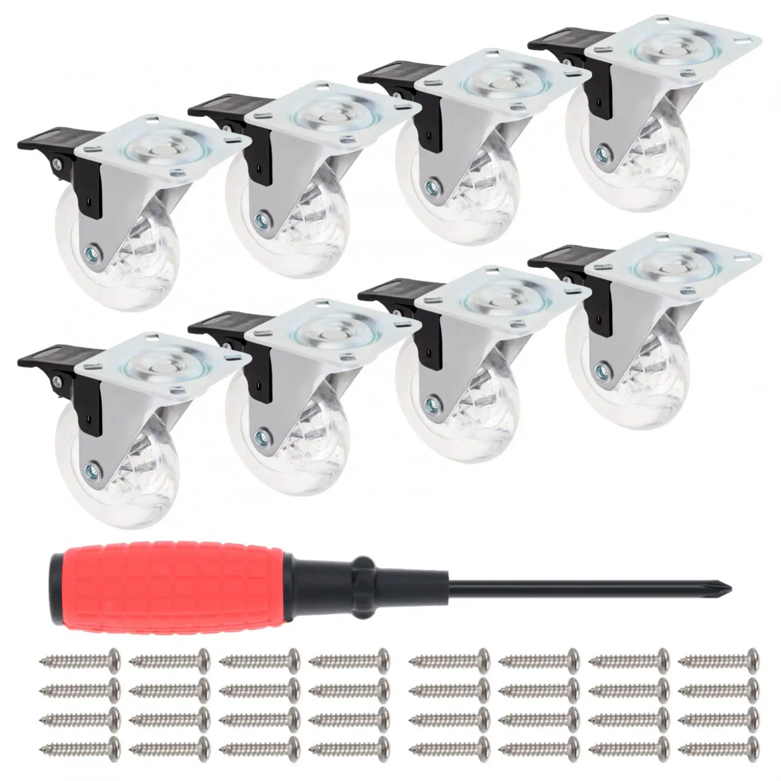 8pcs 3 Inch PU Crystal Universal Brake Wheels for Carts/Dressers/Cabinet with 32pcs Stainless Steel Screws, Screwdriver Tool