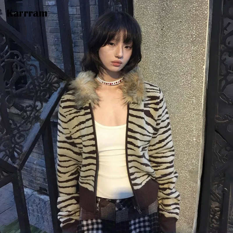 Karrram Japanese Y2k Fur Collar Cardigans Vintage Harajuku Leopard Hooded Knitwear Grunge Aesthetics Fur Coat American Retro 00s