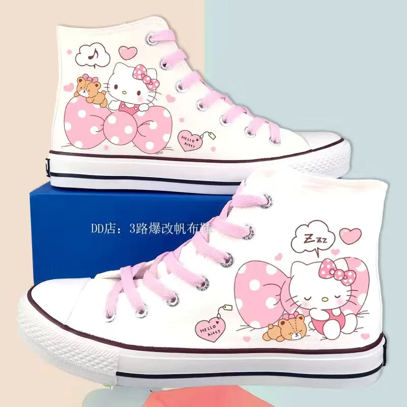 Sanrio Hello Kitty Printed Student Casual Sneakers 2024 New Women Shoes Preppy Style Lolita Shoes Girl High Top Canvas Shoes