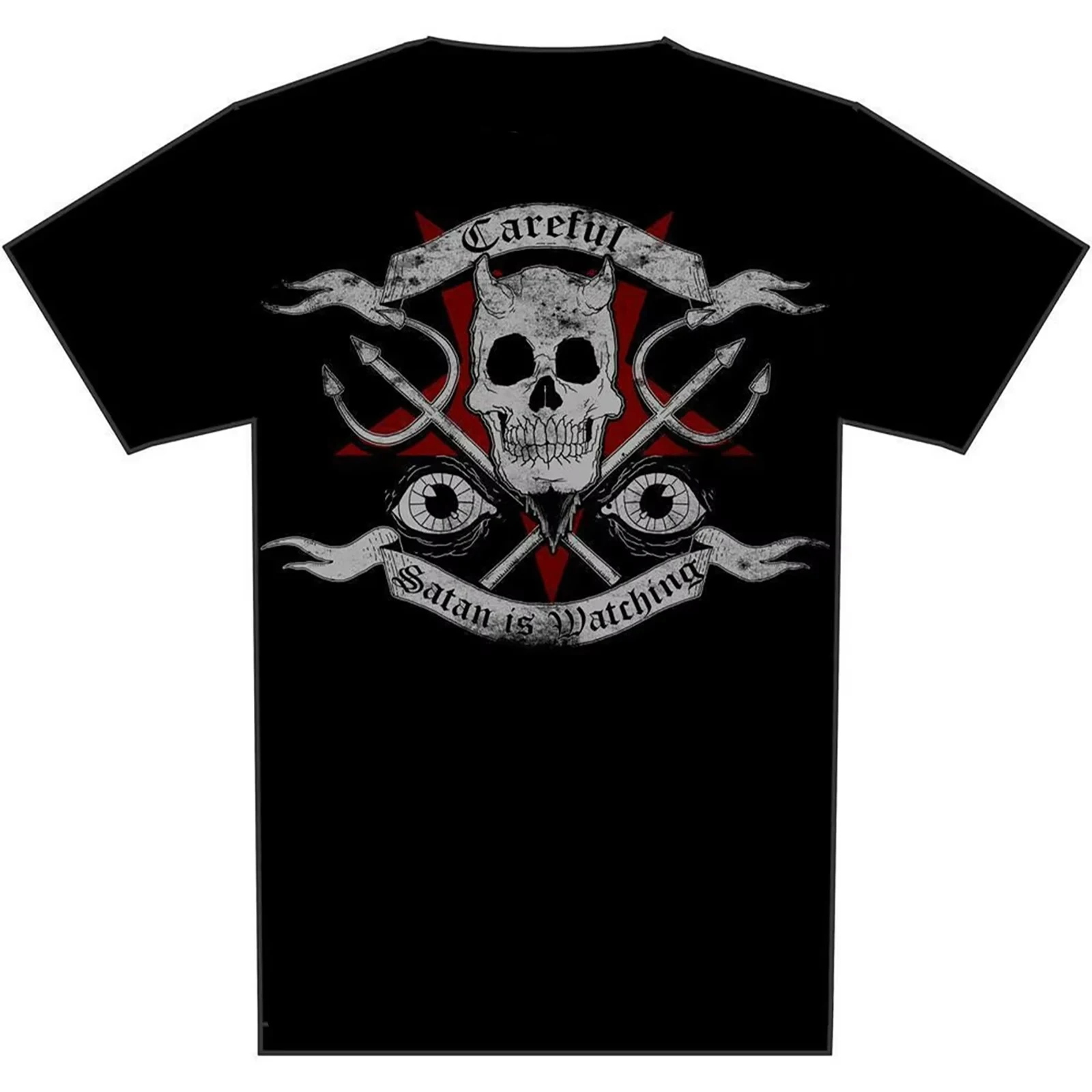 

Careful Satan Is Watching You Skull Tattoo T-Shirt 100% Cotton O-Neck Short Sleeve Summer Casual Mens T-shirt Streetwear