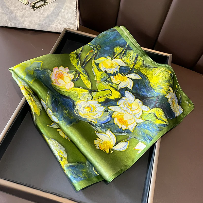 New Oil Painting Style Green Fashion Flower Elegant All-Match Square Decorative Neck Mulberry Silk Scarf