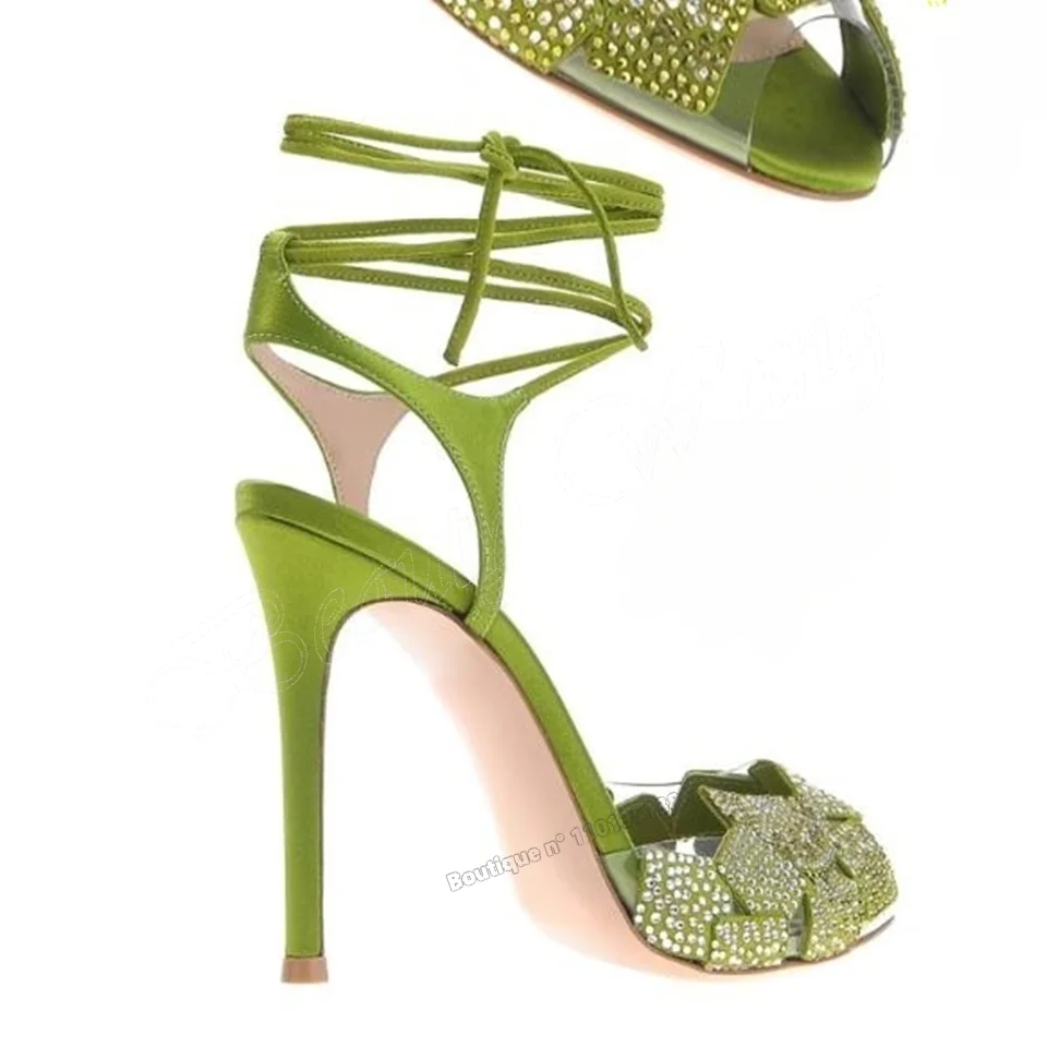 Green Lace up Crystal Sandals Stilettos Solid Shoes for Women High Heels Open Toe Wedding Shoes 2023 New Zapatos Para Mujere