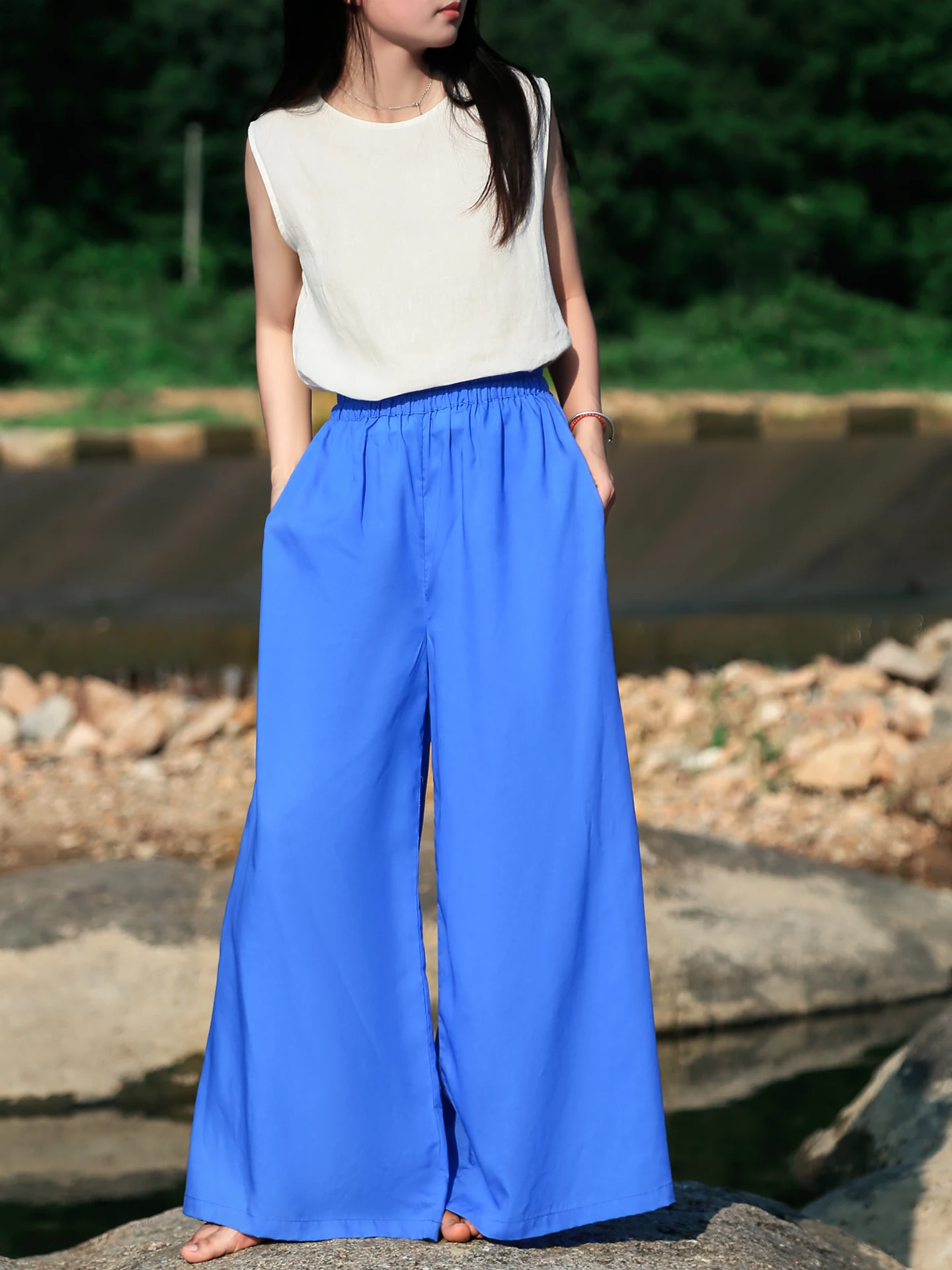 

Klein Blue Casual Loose Wide Leg Cotton Trousers Women's High Waist Straight Cut Summer Original Long Pants Artistic Simplici