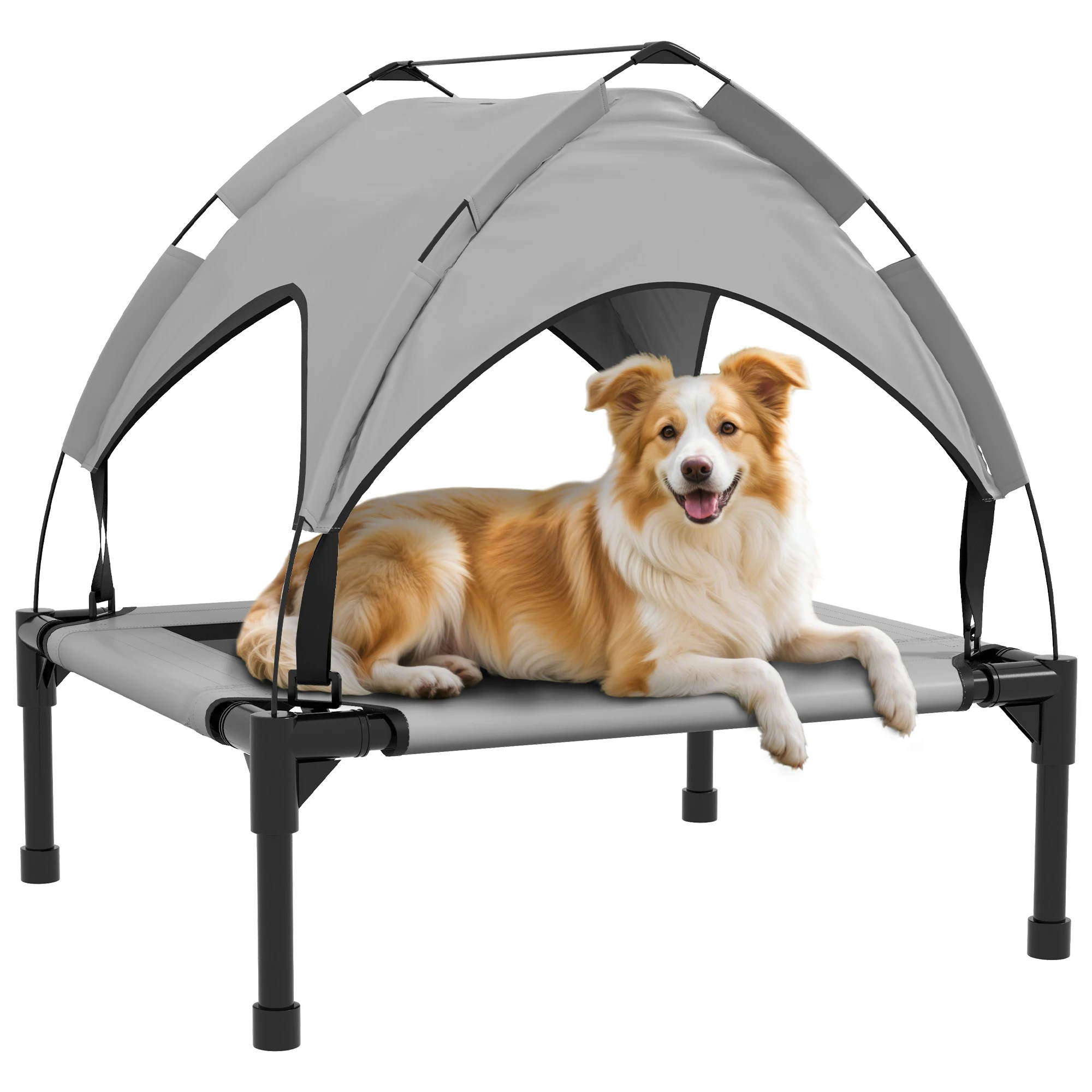 Pawhut verhoogd hondenbed met luifel, bed voor middelgrote honden, verfrissend en ademend, 76 x 61 x 69,5 cm, met stalen frame en draagtas, geschikt voor binnen en buiten, lichtgrijs.