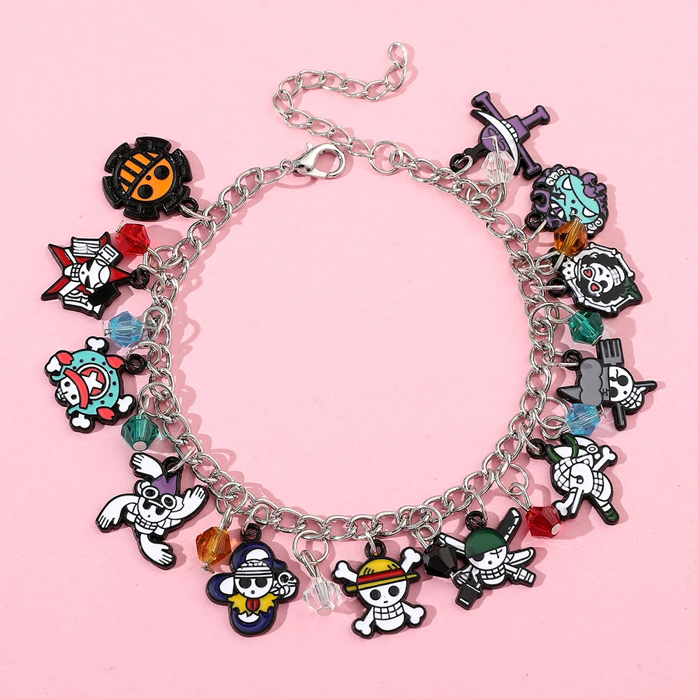 Fashion Straw Hat Pirates Wristband, Zinc Alloy Enamel Charms, Silver Plated Adjustable Chain for Party Cosplay Jewelry