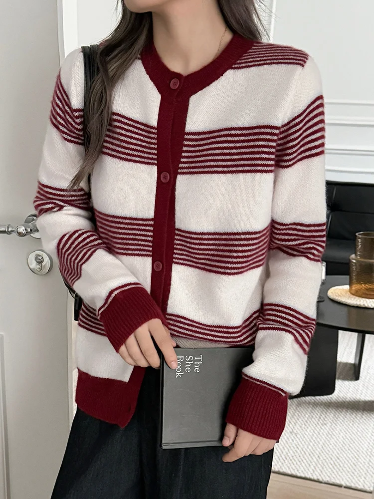 100% Pure Wool Sweater Women's Round Neck Knitted Cardigan Spring Autumn nNew Striped Contrasting Base Shirt Fashion Korean Tops