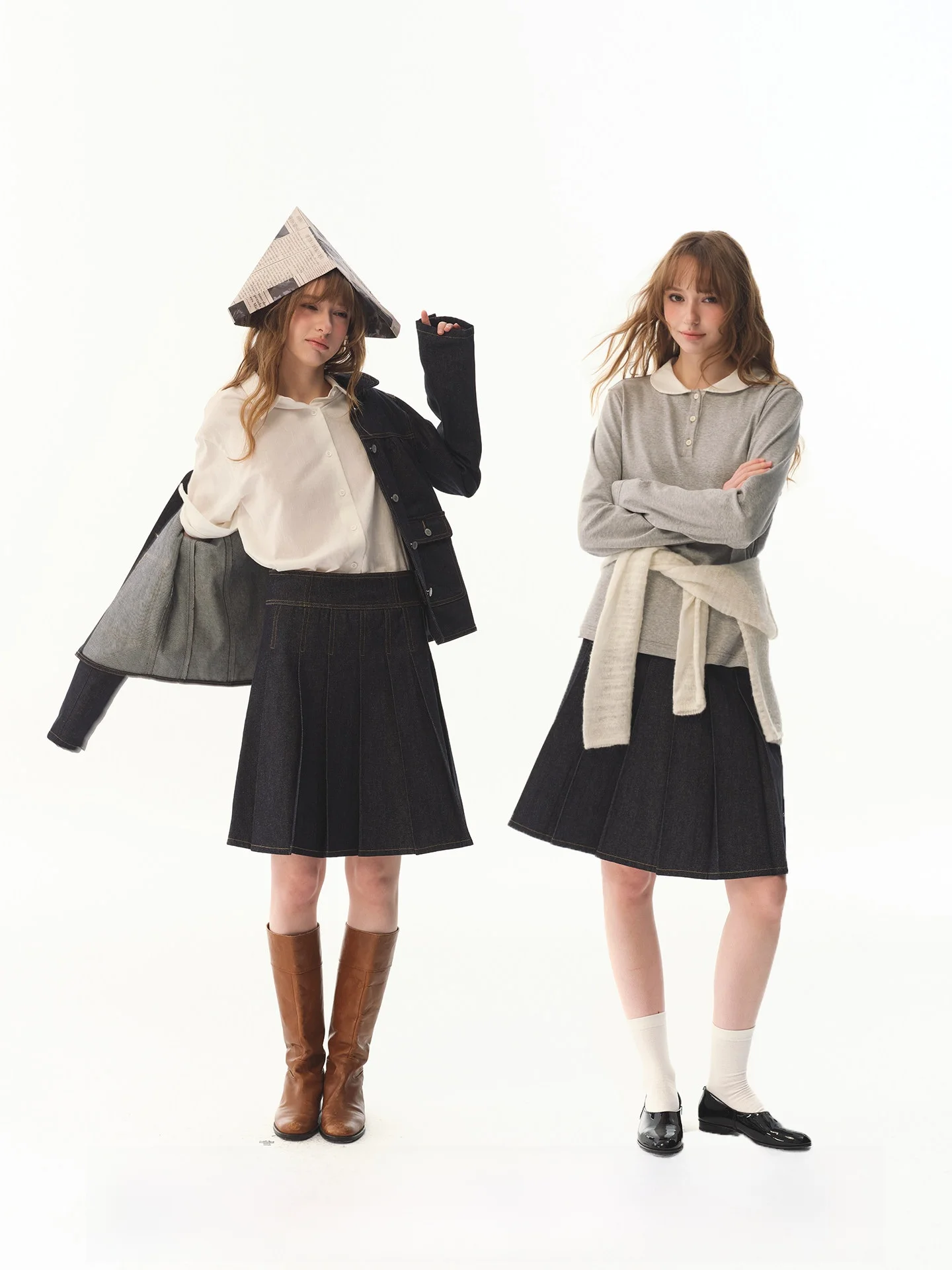 

UNRETRO Retro High Waist Pleated Denim Skirt Women's Loose Midi Skirts Cotton Vintage Style Daily Wear A-Line Skirt