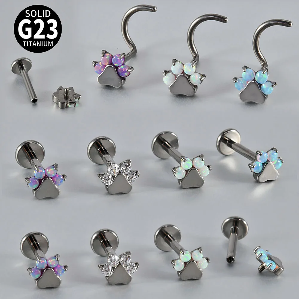 1PC Titanium Opal Bear Paw Nose Bone Ring Internal Thread Nose Piercing Retainer Holder Nazir Stud Earring Piercing Jewelry