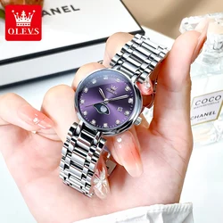 OLEVS Elegant Fashion Purple Rhinestone Dial Quartz Watch for Women Waterproof Luminous Original Lady Watch Luxury Women Watches
