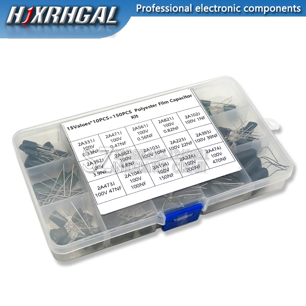 

150Pcs 15Values Polyester Film Capacitor Assortment Box Kit 0.33NF 2A331J 470NF 2A474J 2A821J 2A102J 2A393J 2A474J igmopnrq