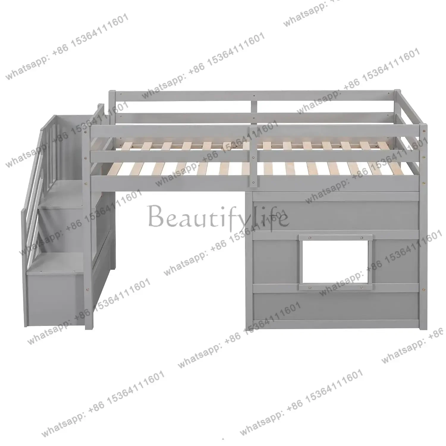 Twin Size Loft Bed with Storage Staircase, Solid Wood Loft Bed Frame with LED Light and Safety Guardrail, Under-Bed, Customized