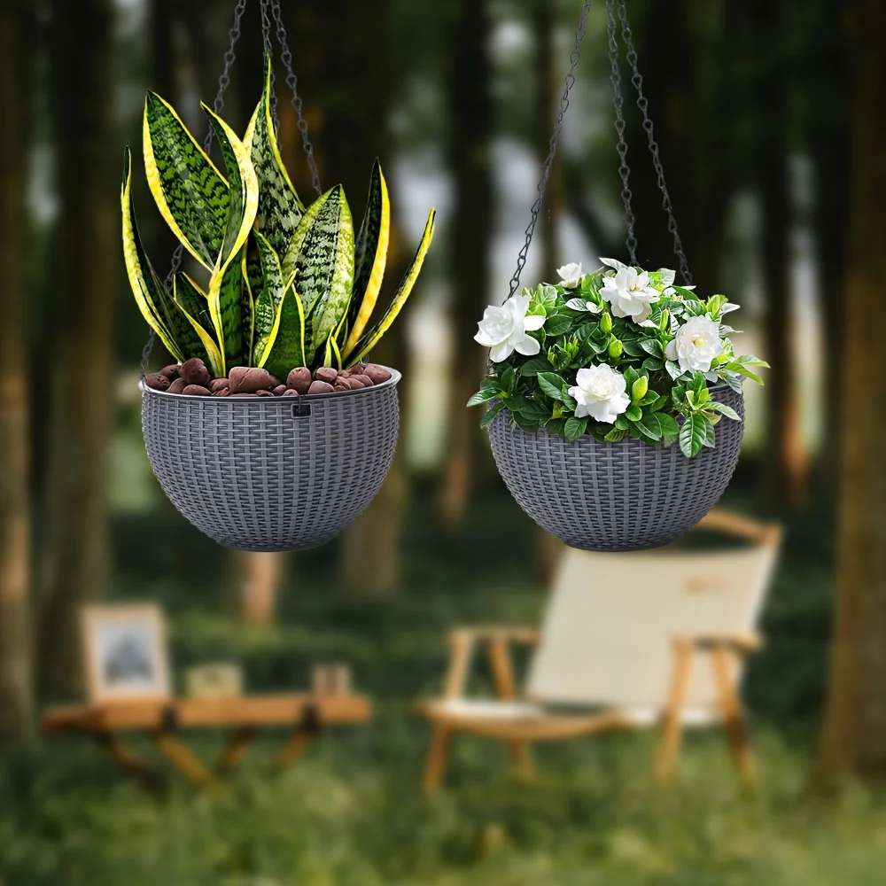 4Pcs Imitation Rattan Hanging Planter Baskets, Simple Green Hanging Flower Pots, Home Plant Pots With Chains For Indoor Outdoor