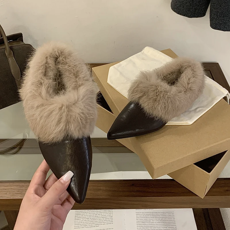 

elevator shoes woman luxury rabbit fur pump winter pointed toe slip on loafers fashion shallow slides heel mules black brown