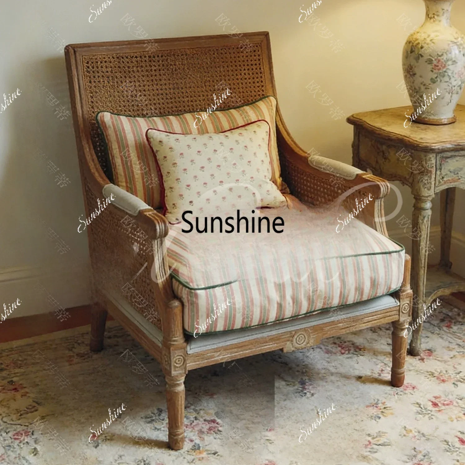 

American retro solid wood striped rattan backrest single chair