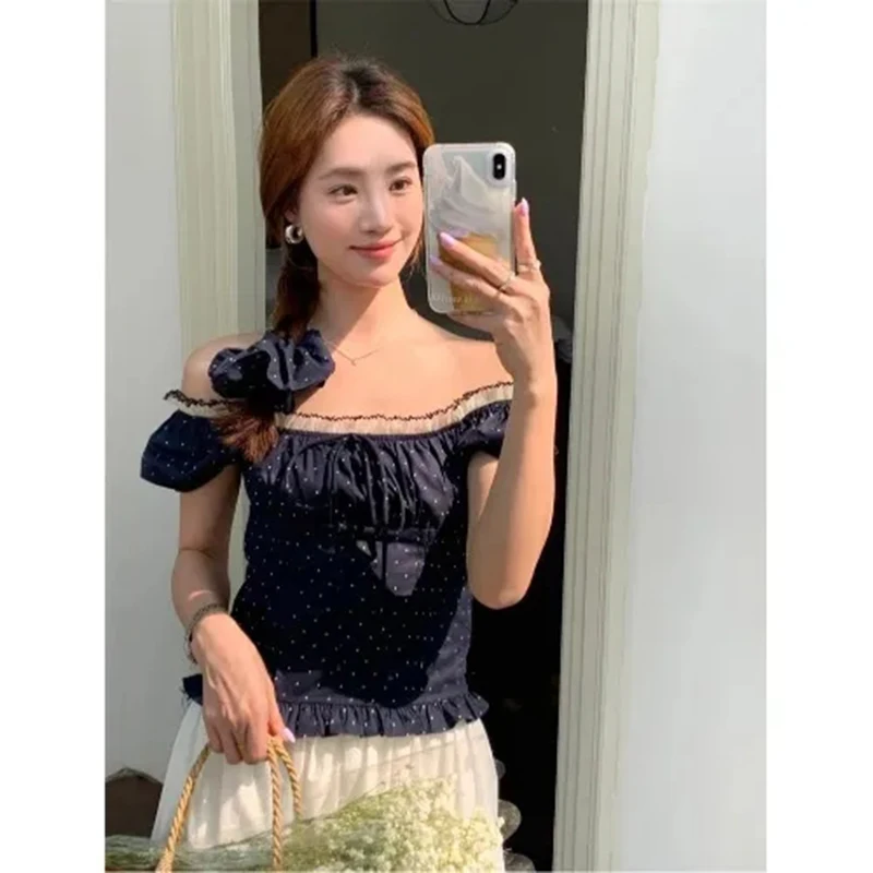 Francês doce bolha manga bolinhas arco camisa feminina verão nicho emenda renda curto topo blusa feminina