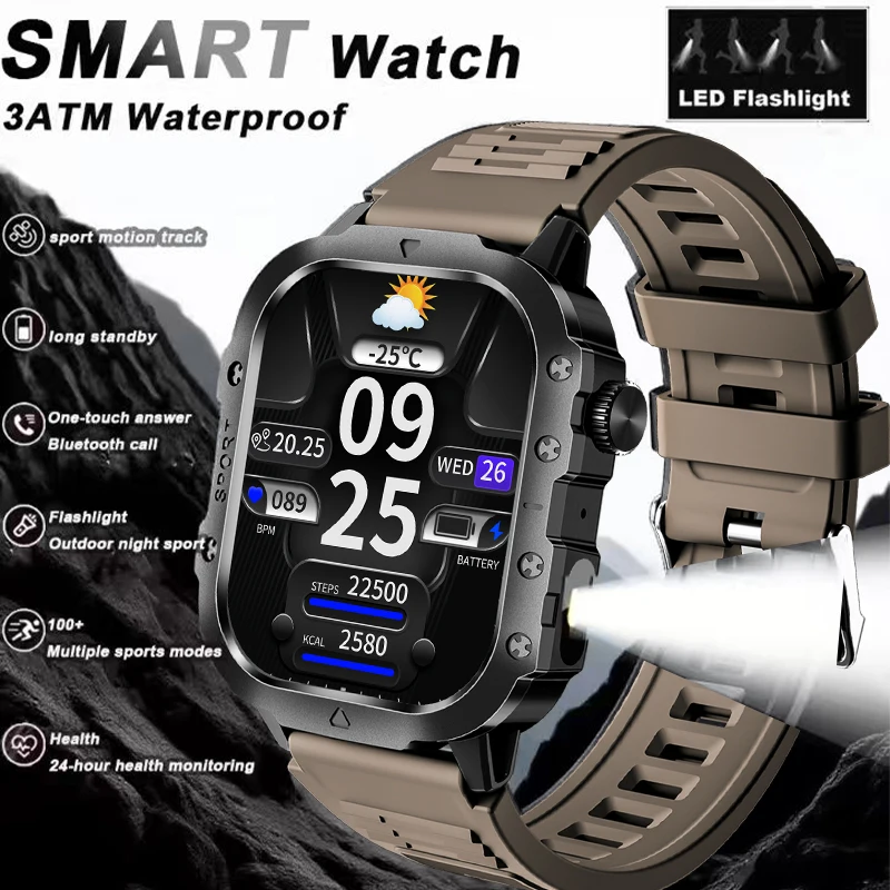 

Смарт-часы с фонариком, 2,01 дюйма, HD, Bluetooth, умные часы с вызовом, мужские спортивные фитнес-трекеры, умные часы с пульсометром для Android IOS
