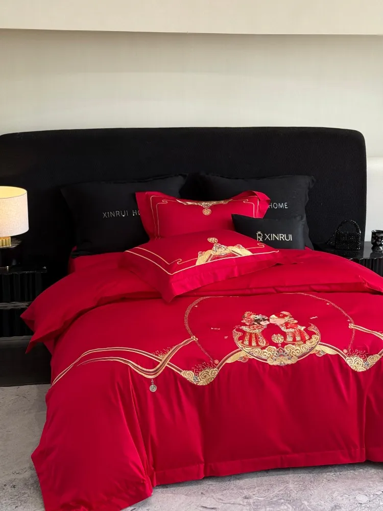 Romantic Red Wedding 4-Piece Bedding Set for Couples, 100% Cotton Embroidered Duvet Cover, King Size 240×220cm