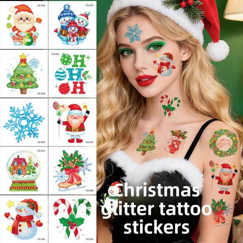 

40 рождественских блестящих наклеек с мультяшными татуировками, водонепроницаемые, милые наклейки с снежинками и лицом Санта-Клауса, наклейки на руки в наличии