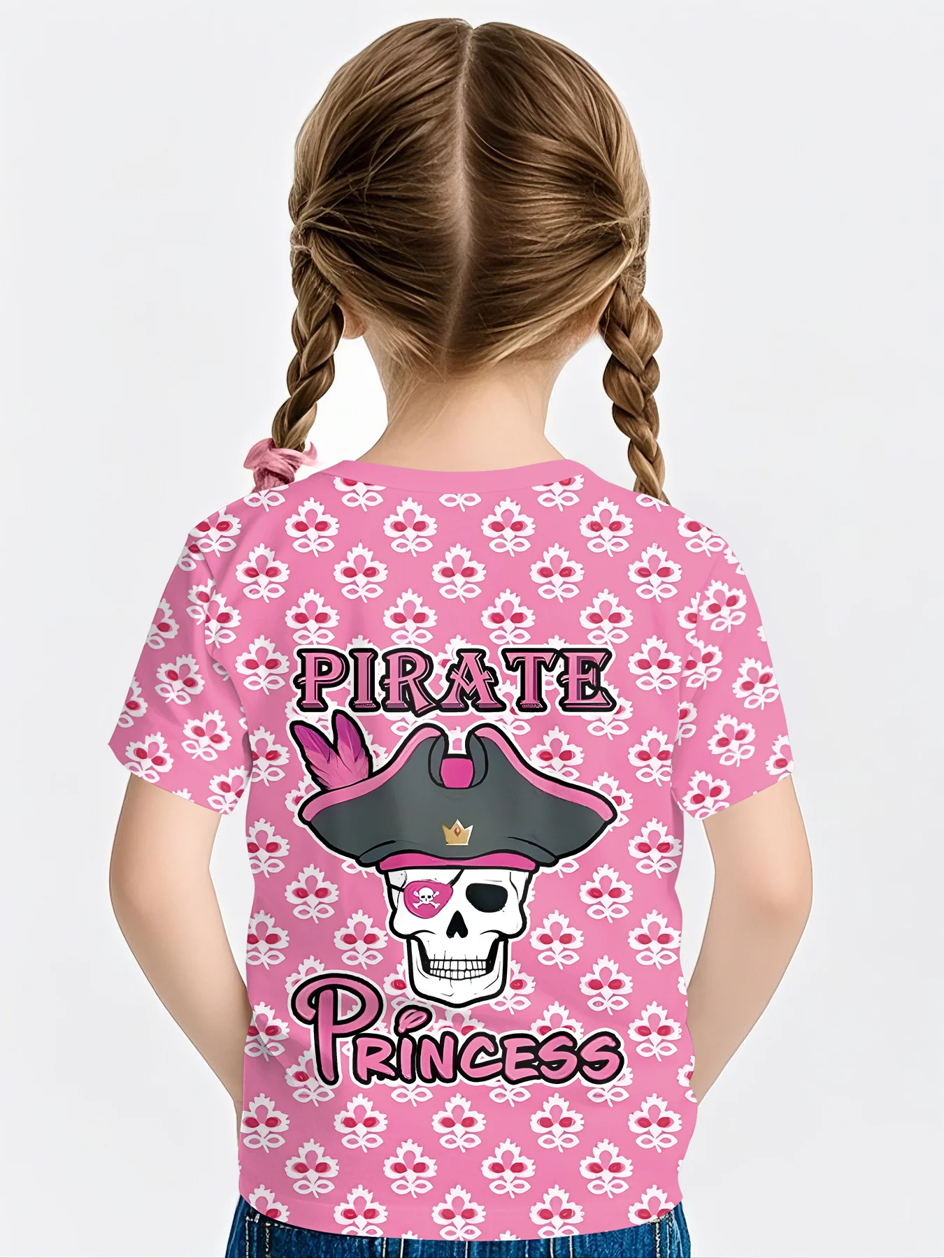 Children Pirate Princess Print T‑Shirt, Little Girls Skull Pirate Hat Floral All‑Over Art Short Sleeve Crew Neck Casual Tee