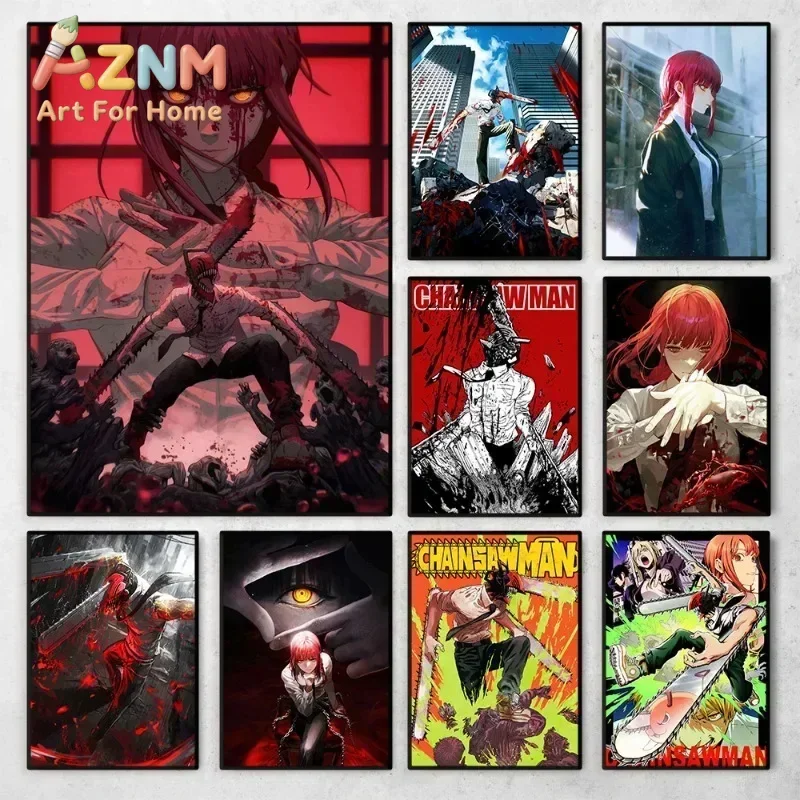 AZNM, cuadro decorativo de lienzo con motivos de la serie de anime Chainsaw Man, con imágenes de Makima y Denji, escena de batalla de manga, ideal para decorar el hogar, el dormitorio o como póster.