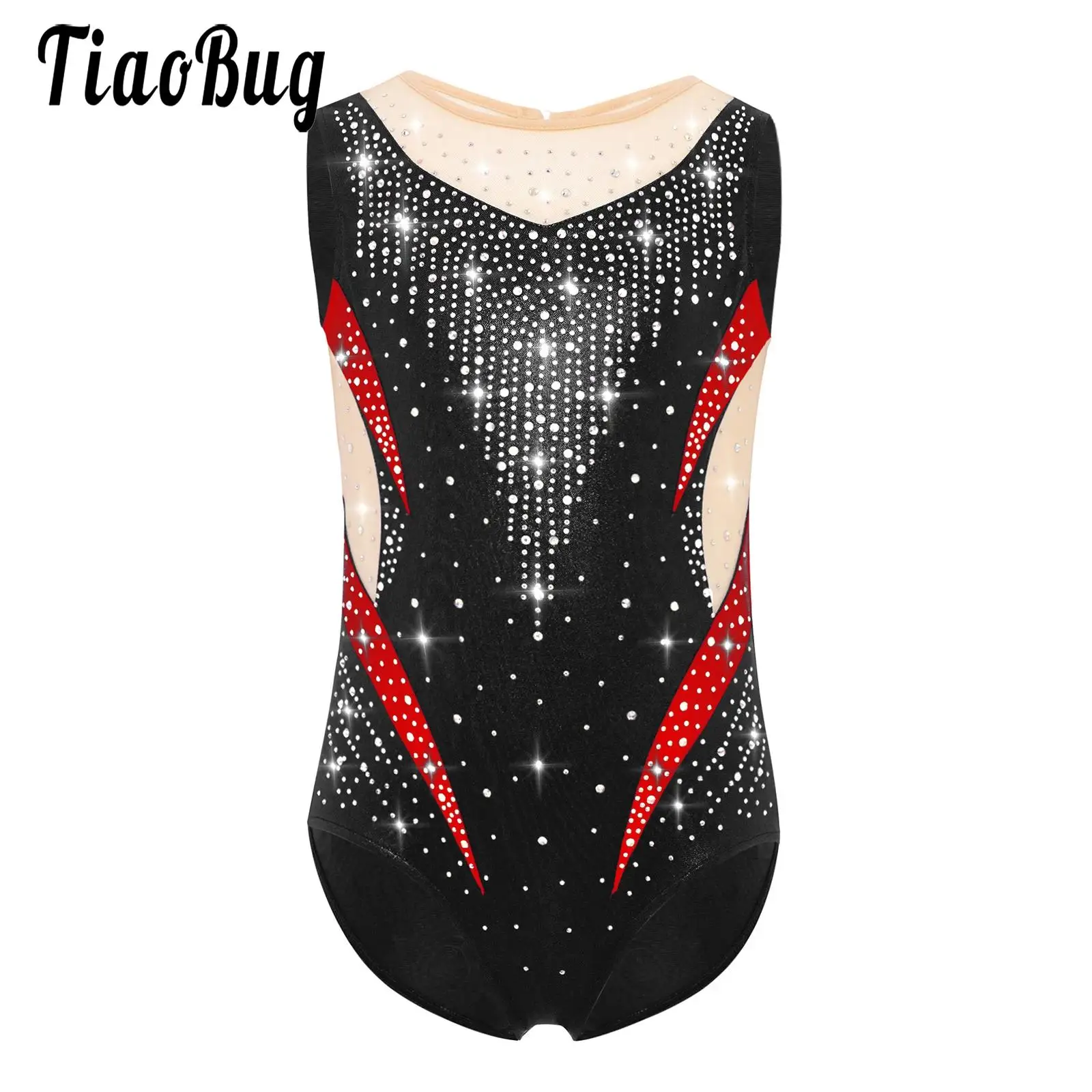 

Girls Rhinestones Gymnastics Dance Leotard Ballet Performance Costume Sleeveless Sheer Mesh Patchwork Leotard Bodysuit Dancewear