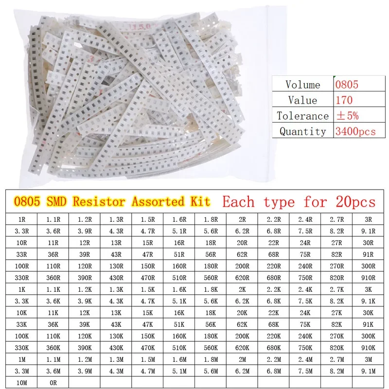 0402 0603 0805 1206 2512 5% SMD Chip Fixed Resistor Assorted Kit  0 ohm-10M Samples pack