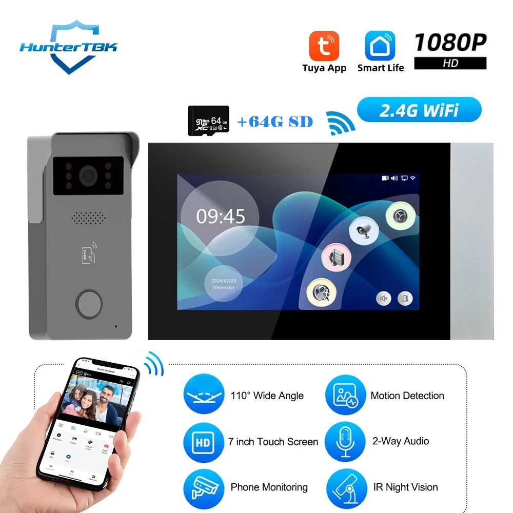 Nuevo cable Smart Home Tuya Wifi 1080P Video intercomunicador Video puerta teléfono 7 ''pantalla táctil a Color cámara timbre sistema de seguridad de puertas