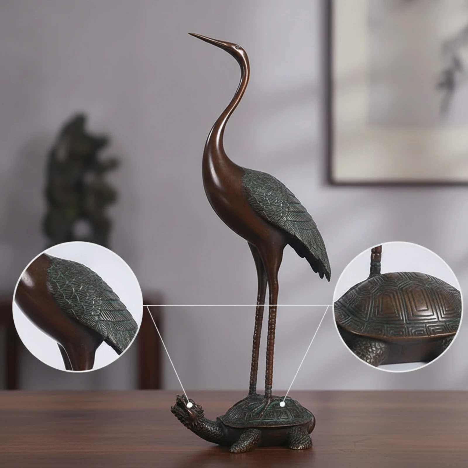 Crane Statue with Turtle Base Patina Crane Sculpture on Turtle Tabletop Sculpture Decorative Decor Compact for Art Collectors