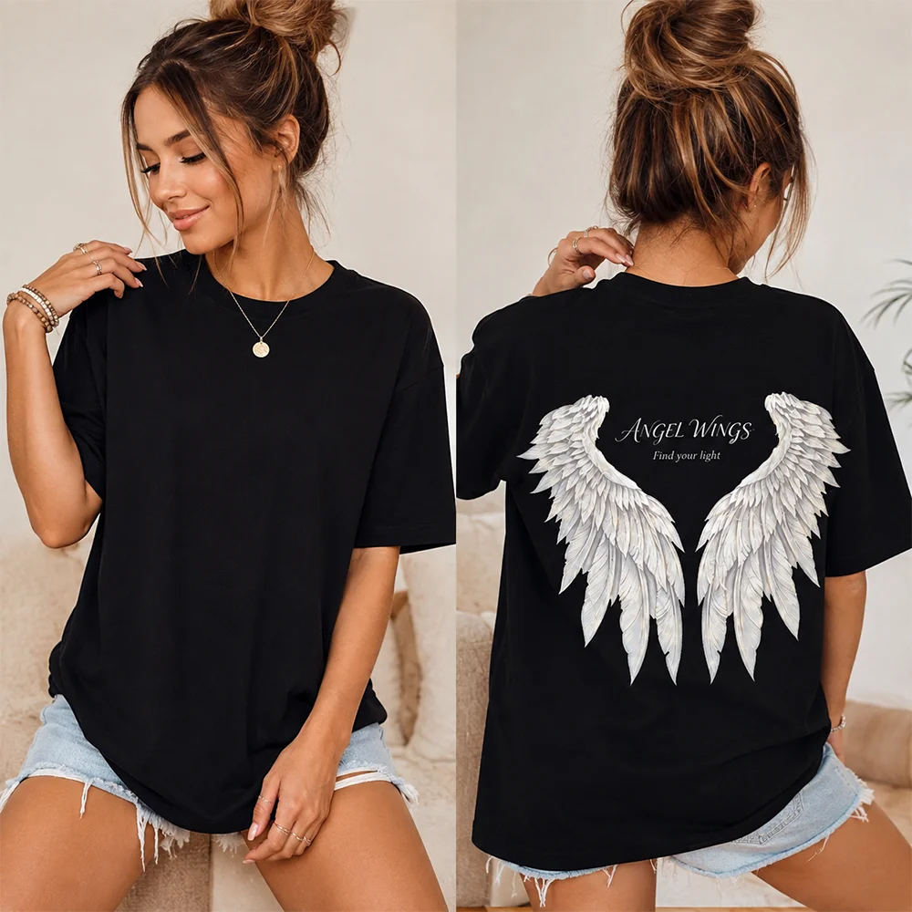 Women T‑Shirt Back Print Angel Wings Feather Graphic Tees Find Your Light Casual Short Sleeve Streetwear Ladies Tops