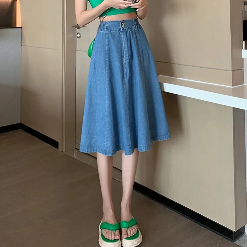 High Waist Casual Skirt Women New Arrival 2024 Spring Korean Style Solid Color Denim Basics Ladies Elegant A-line Skirts W1715