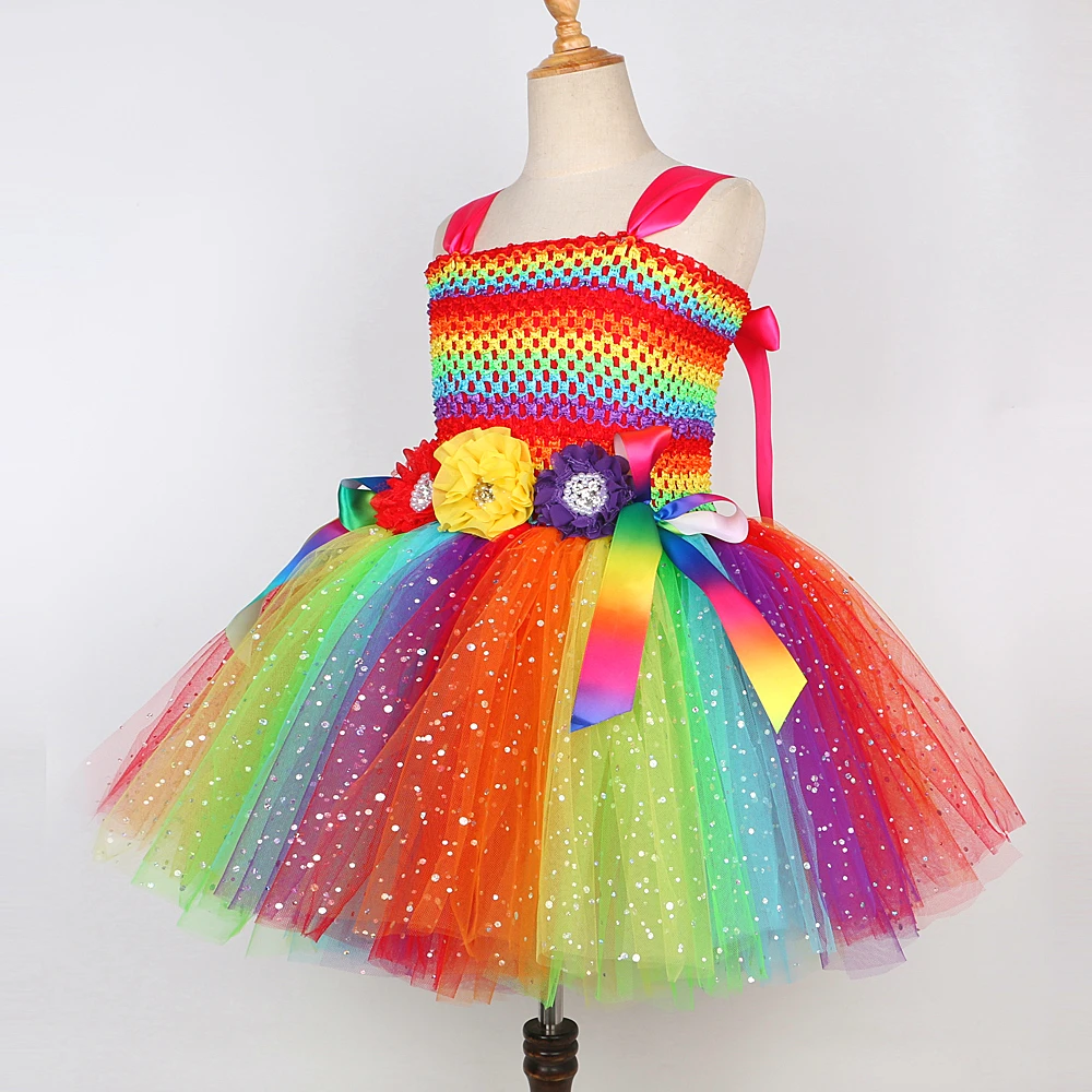 Sparkly Rainbow Fairy Costumes for Girls Twinkle Flower Jungle Fairy Princess Dresses with Butterfly Wings Kids Halloween Outfit