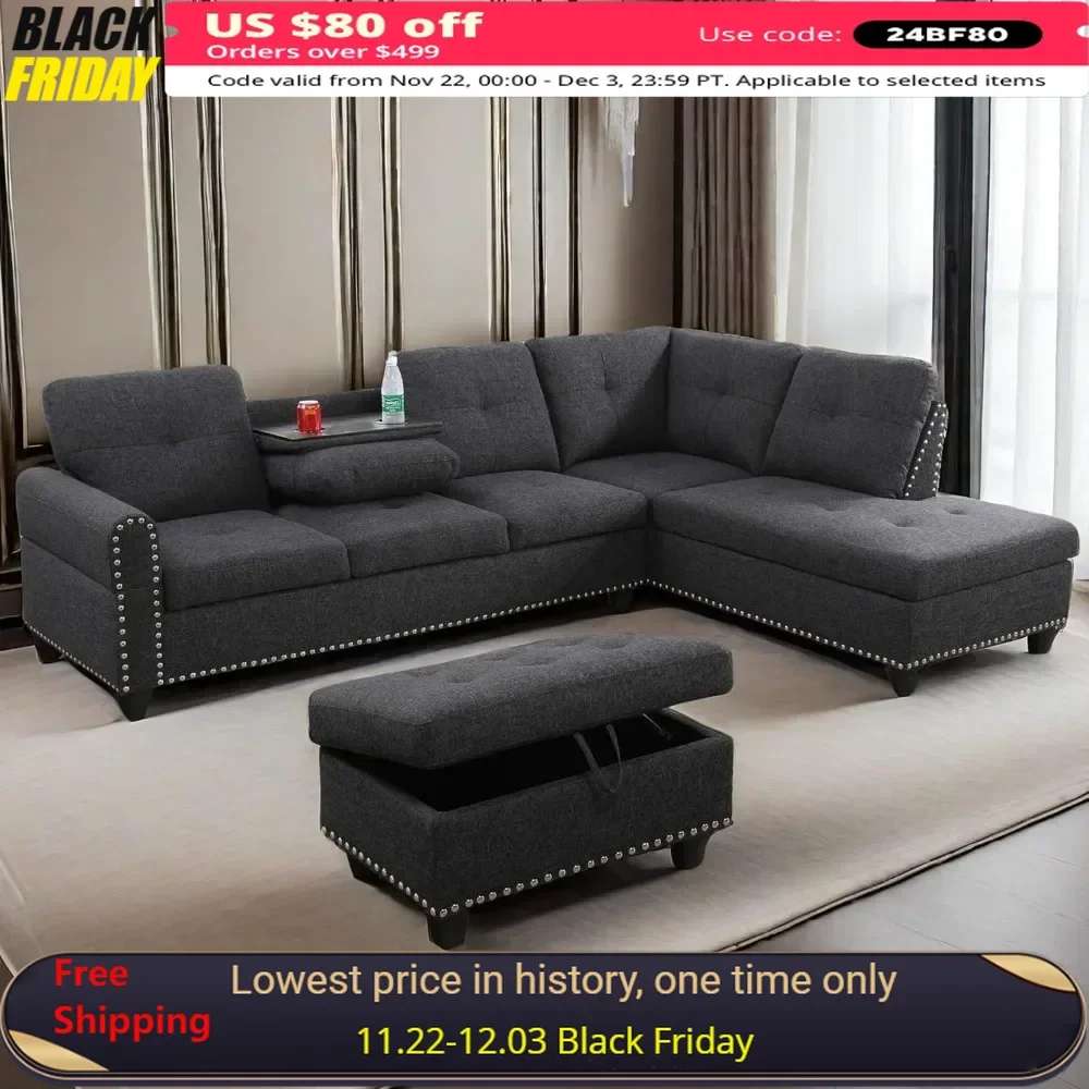 Sectional Sofa with Ottoman Nail-Head Design Linen Right Facing Modern Couches with Cup Holder L Shaped Sectional Sofa