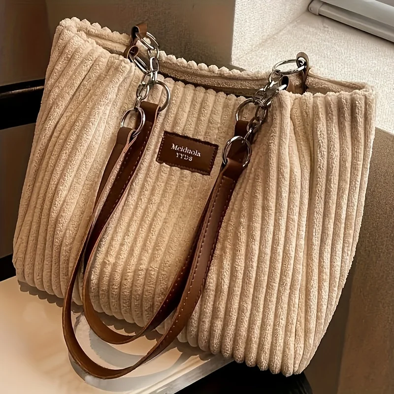 Cord-Einkaufstasche mit großem Fassungsvermögen, Umhängetasche mit Kettenriemen für Damen, Polyesterfutter, Reißverschluss, Schwarz, Beige, Khaki, Grün – Detail 7