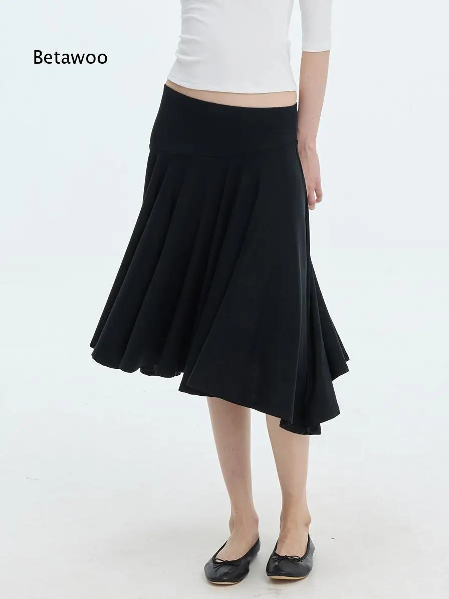 Women Low Waist Lyocell Pleated Midi Skirt Irregular Hem Skin Friendly Draped Stylish Half Dress For Daily Commute Dating Party