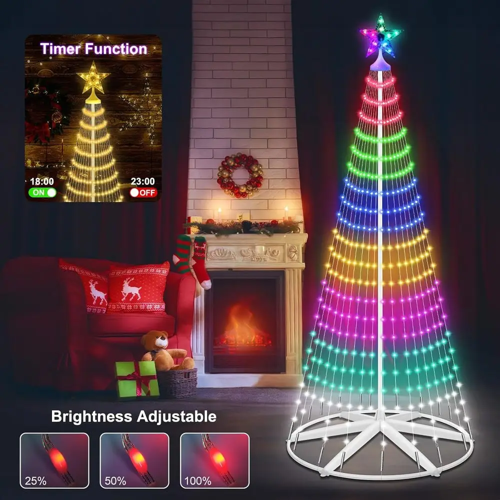 شجرة مخروطية لعيد الميلاد في الهواء الطلق مقاومة للماء مع 265 مصباح LED، أضواء خرافية ذكية لتأثير وميض مزامنة الموسيقى #5