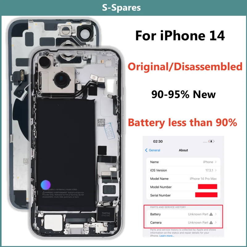 

90-95% Original Disassembled Middle Frame Housing Back Cover For iPhone 14 with Battery Rear Camera Assembly Slight Scratches