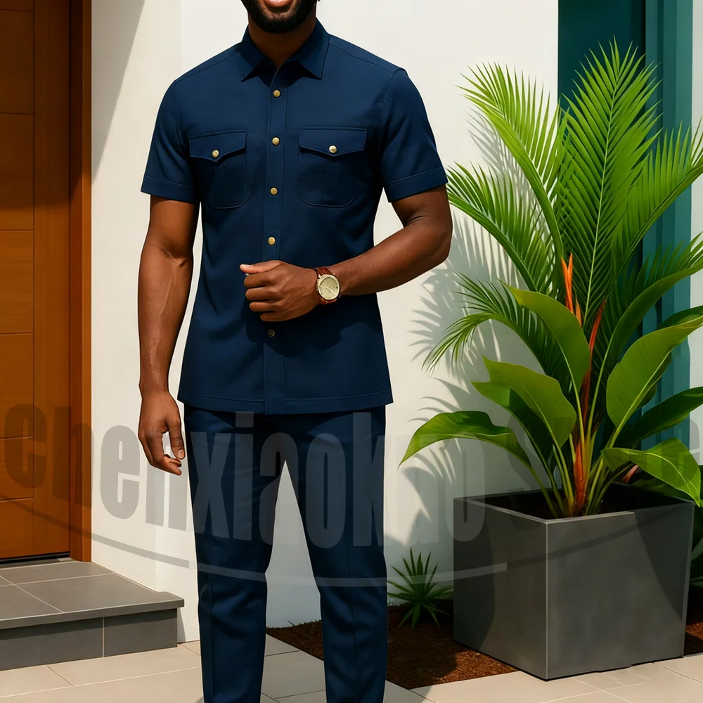 Men's Stand Collar Suit Short Sleeves Casual Daily Outfit with Two Pockets Fashion Comfortable Solid Color Suits 2 Piece