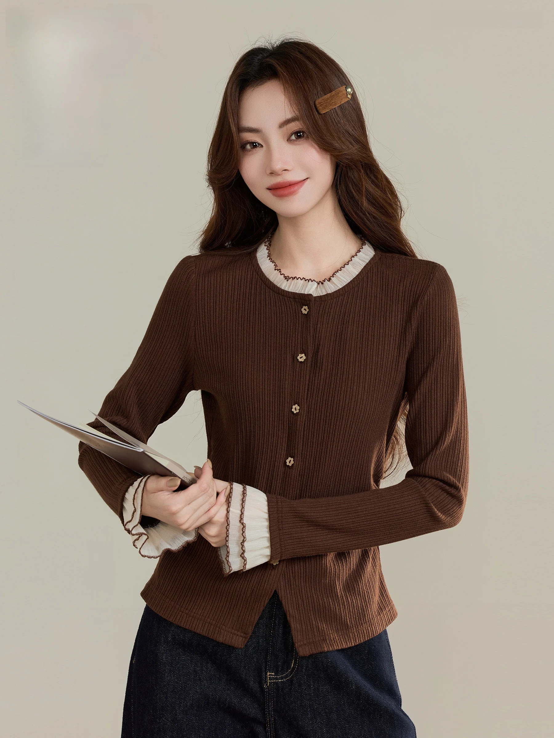 

Lingjiu коричневый вязаный открытый кардиган с цветочным принтом для танцев, женский осенне-зимний вязаный кардиган с кружевной отделкой, внутренняя одежда, топ, американский Sle Polye...