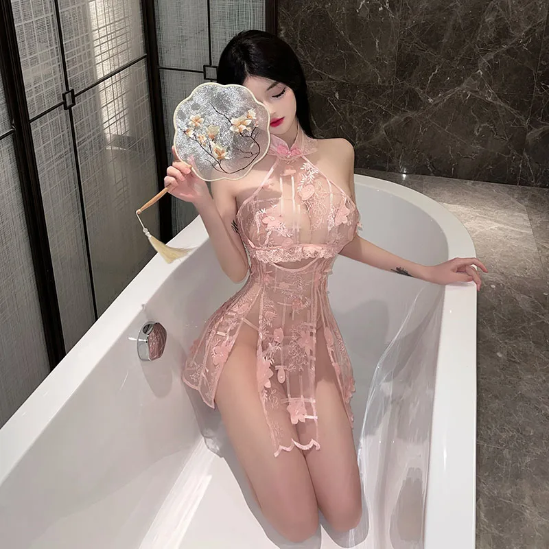 Sexy Lingerie Mesh See Through Cheongsam Lace Pink Exotic Dresses High Slit Pajamas Underwear Night Club Bed Wear Women Girls